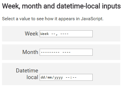 Week, month and datetime-local inputs
