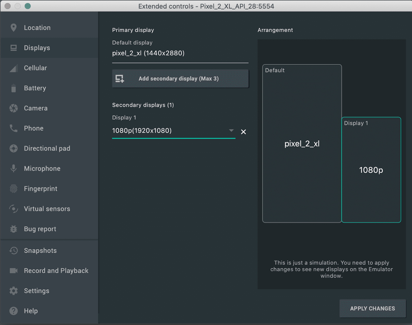 在 Android 模拟器扩展控件面板中配置辅助显示 在 Android 模拟器扩展控件面板中配置辅助显示