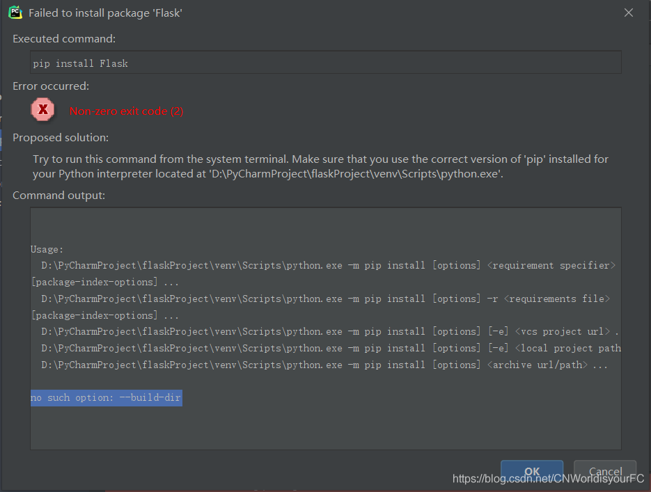 pycharm 2020.2.4 pip install Flask 报错 Error：Non-zero exit code的问题